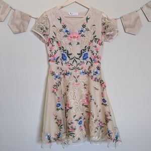 Embroidered Floral Cream A-line Dress with Lining